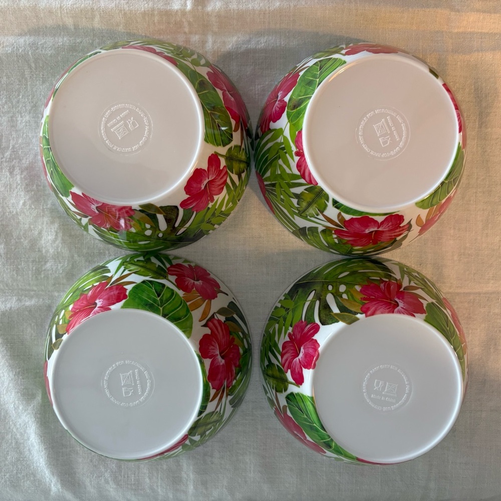 12 Piece Melamine Hibiscus Tropical Dinnerware Set Bowls. Dinner & Salad Plates - Picture 5 of 11
